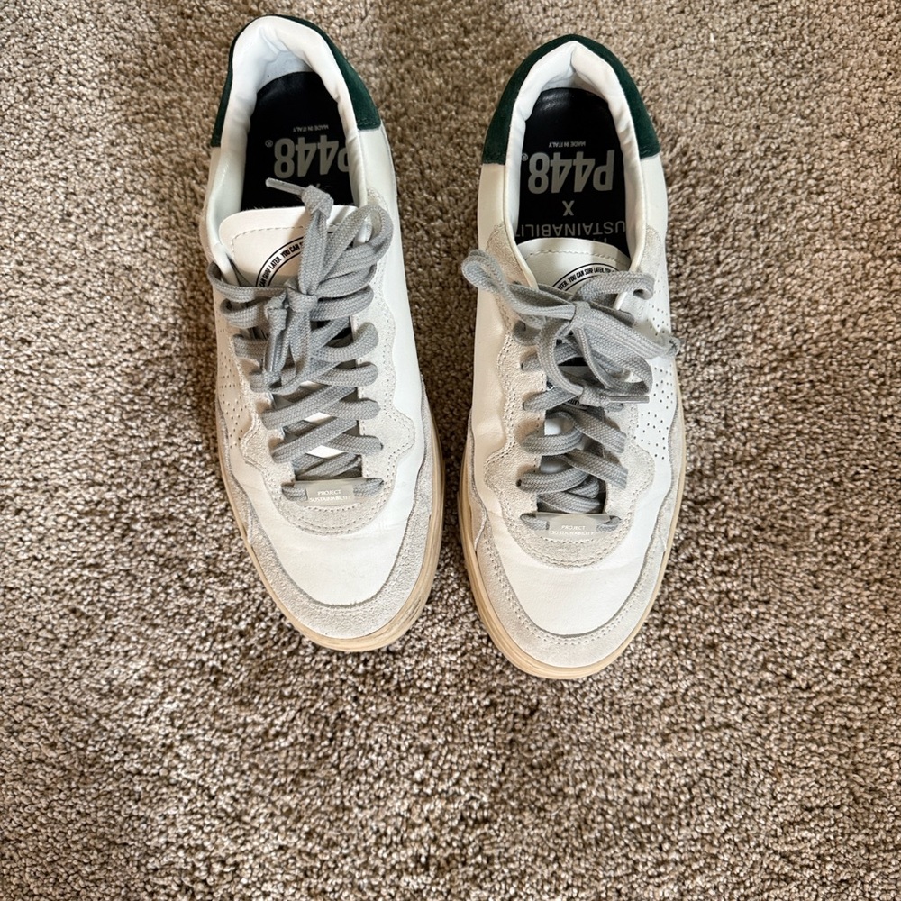 P448 Unisex White and Grey Sneakers with Green Accents
